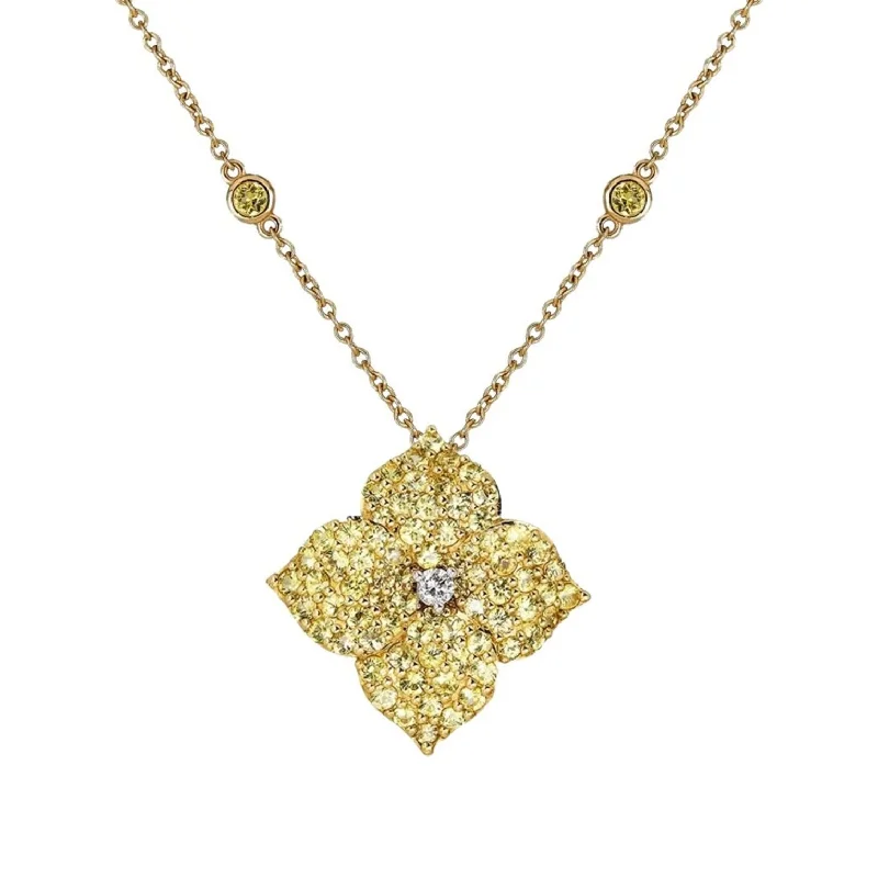 Trendy necklaces for casual day wear -Yellow Sapphire & Diamond Large Flower Pendant