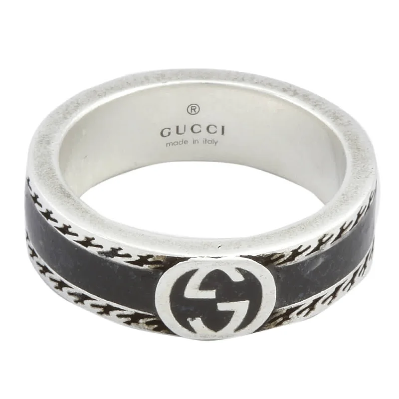 Custom promise rings with engraved messages -STSLVR GUCCI BLACK ENAMEL INTERLOCKING G RING