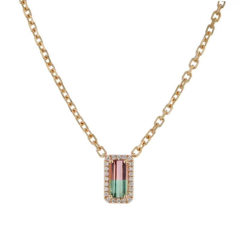 Crystal necklaces for positive energy -1.03Ct Bi-Color Tourmaline and 0.14Ct Diamond Halo Necklace in 14k Yellow Gold, 18in