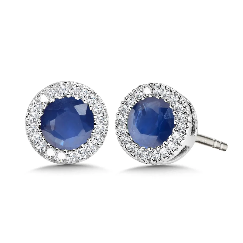 Black stud earrings-Sapphire and Diamond Halo Stud  Earrings in White Gold