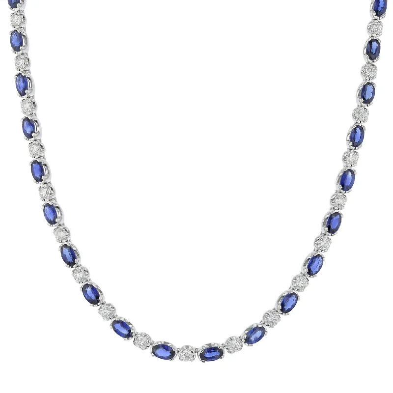 Custom silver necklaces for gifts -18K WHITE GOLD 22 OVAL BLUE SAPPHIRE=6.04CTS 23 ROUND DIAMONDS=2.05CTS 17" NECKLACE