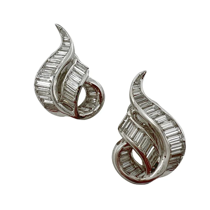 Long earrings-Platinum and 14K White Gold Swirl Earclips with 62 Baguette Diamonds