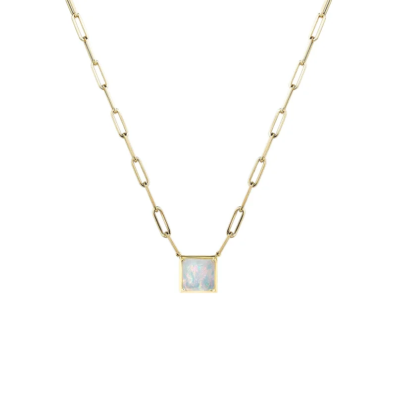 Colorful glass bead necklaces for fun look -Square Shaped Opal Pendant with Paperclip Chain