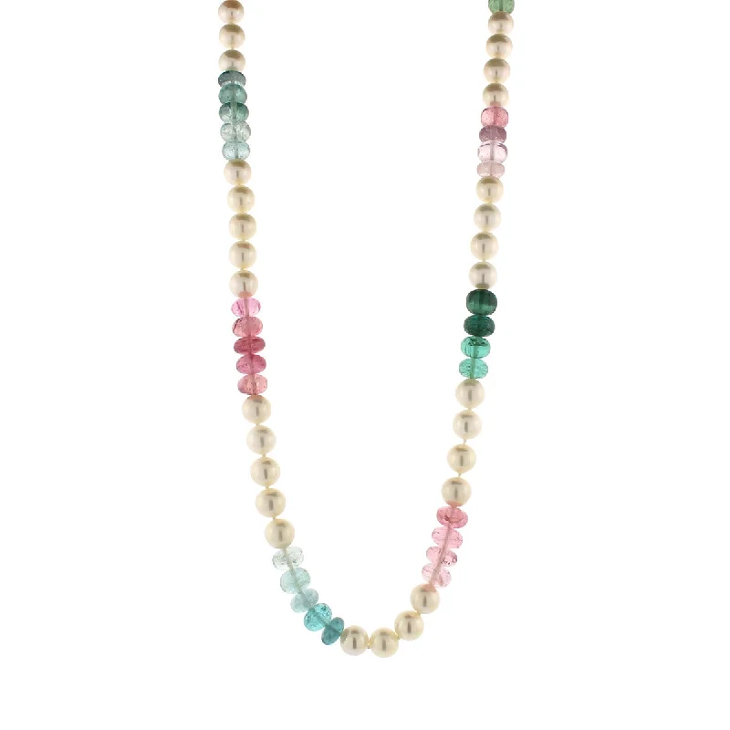 Beautiful turquoise necklaces for boho look -Multicolored Tourmaline Beads and Pearl Necklace