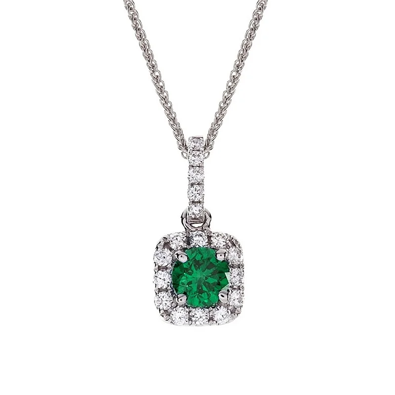 Feminine necklaces with flower pendants -Emerald & Diamond Cushion Halo Pendant