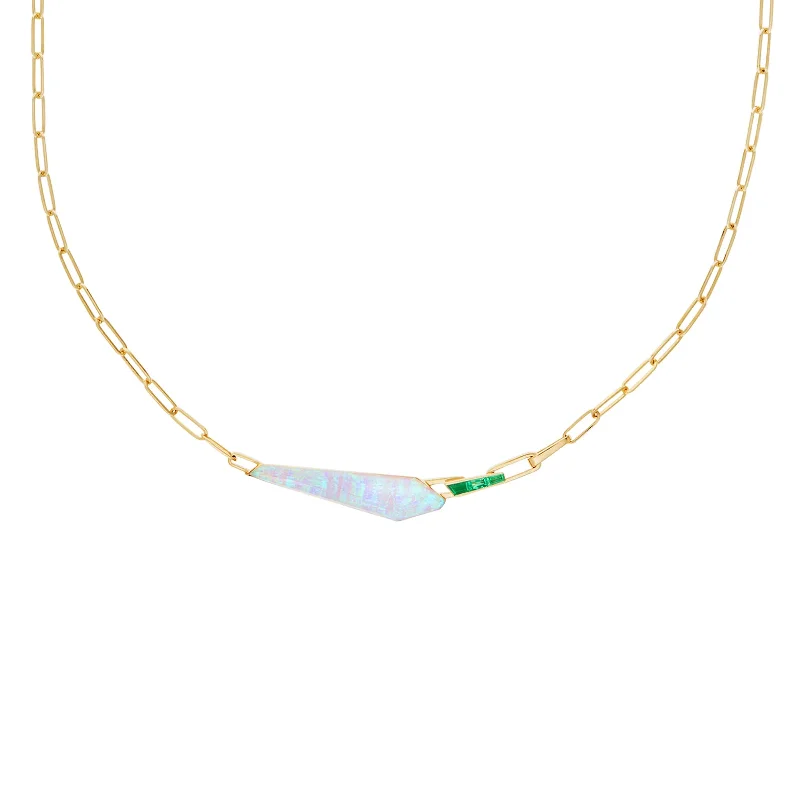 Bold and trendy statement necklaces -Crystal Haze Shard Slimline Linked Choker in White Opalescent with Emeralds