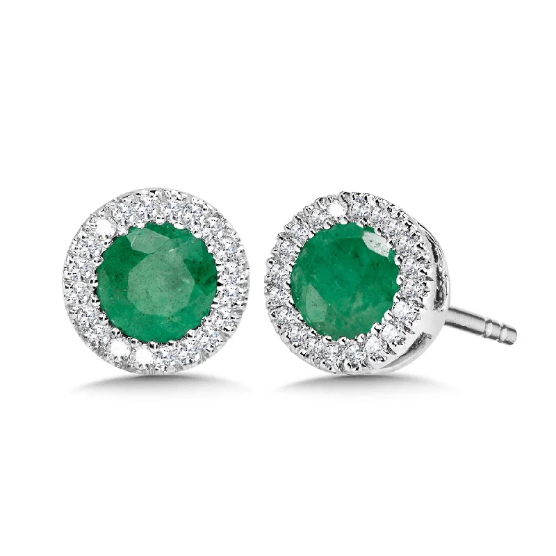 Mixed gemstone drop earrings-Emerald and Diamond Halo Stud Earrings in White Gold