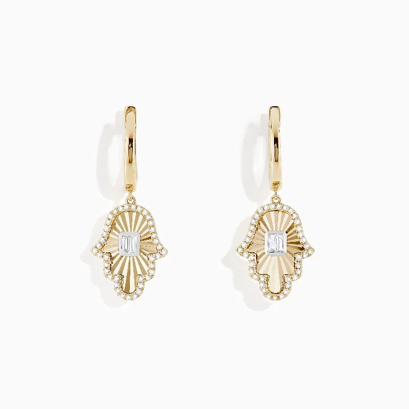 Luxury diamond earrings-Novelty 14K Two Tone Gold Diamond Hamsa Earrings