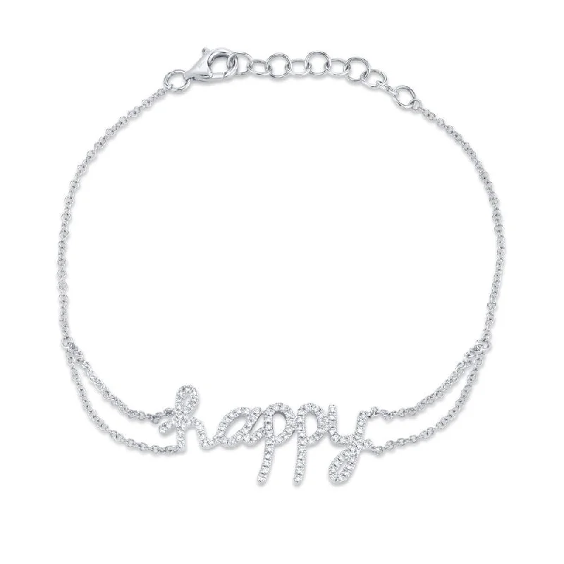 Stackable bracelets with vintage charm -14K White Gold Diamond "HAPPY" Bracelet