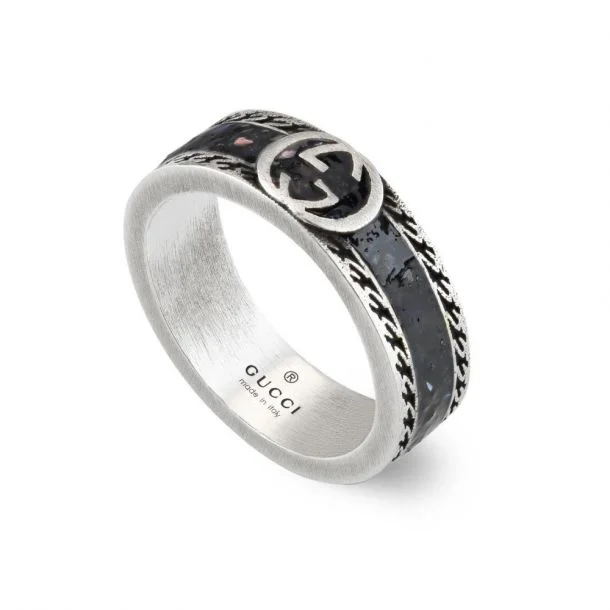 Wedding rings with vintage designs -STSLVR GUCCI BLACK ENAMEL INTERLOCKING G RING