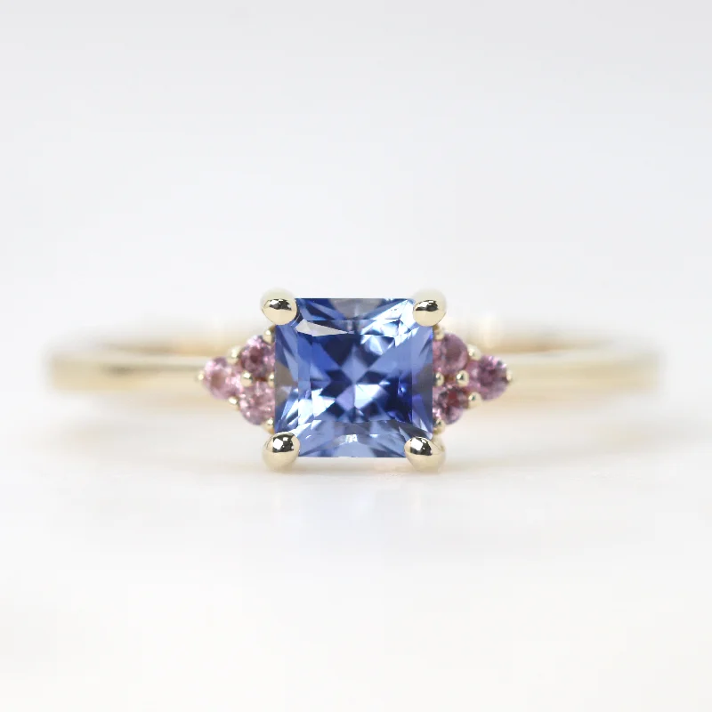 Custom wedding rings with unique features -Imogene Ring with a 0.78 Carat Blue Radiant Princess Cut Sapphire and Berry Sapphire Accents in 14k Yellow Gold - Ready to Size and Ship