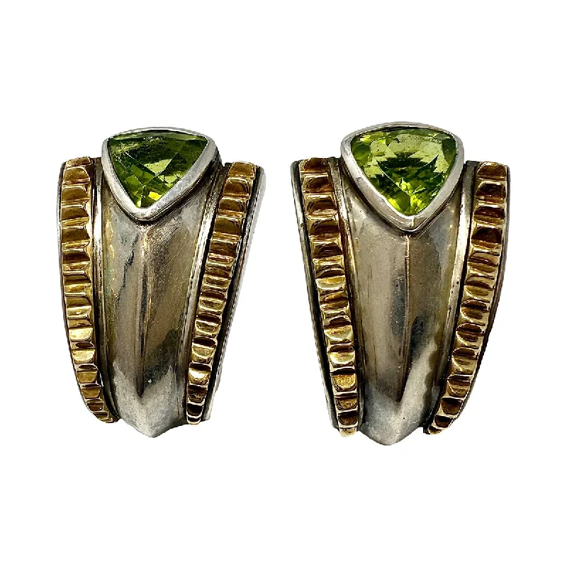 Sterling silver hoop earrings-Two-tone Huggie Earrings with Peridot