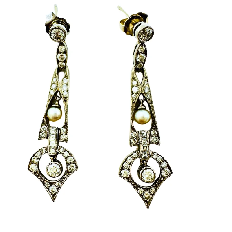 Antique earrings-14-18K White Gold Diamond Dangle Earrings with 2 Cultured Pearls