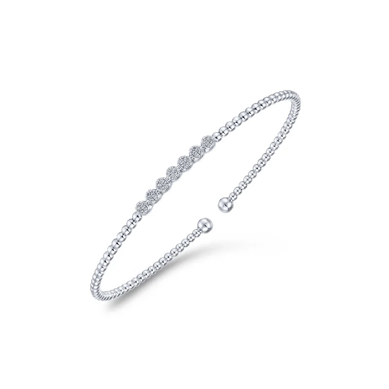 Simple leather bracelets for men -14K White Gold Diamond Top Beaded Open Bangle