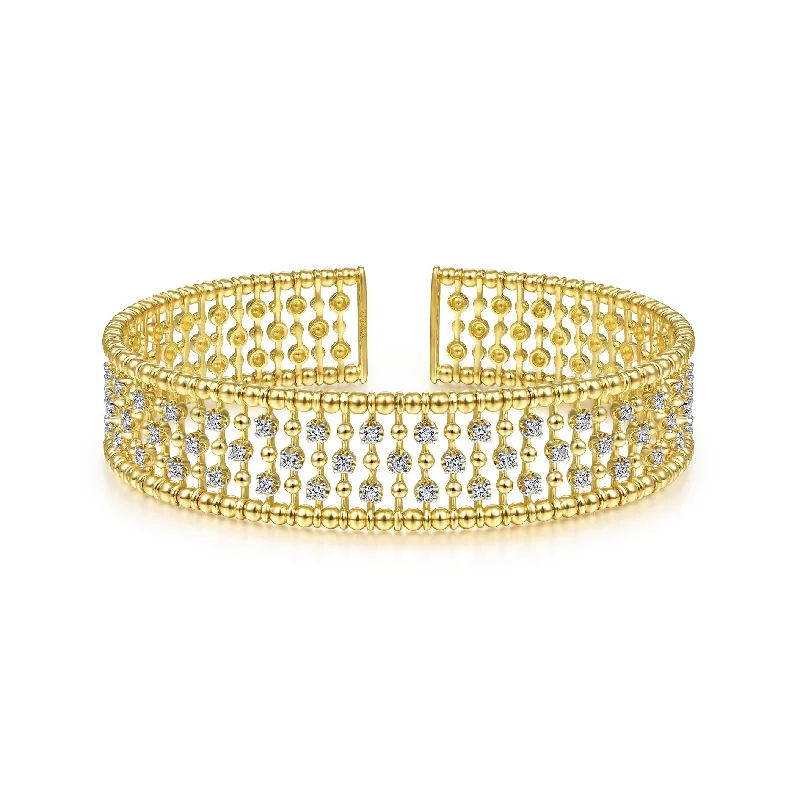 Personalized bracelets for women -14K Yellow Gold Diamond Beaded Open Bangle