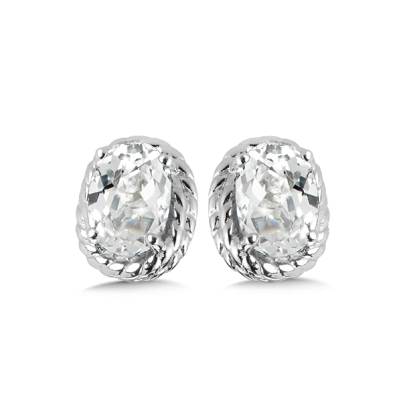 Large crystal earrings-Created White Sapphire Stud Earrings  in Silver