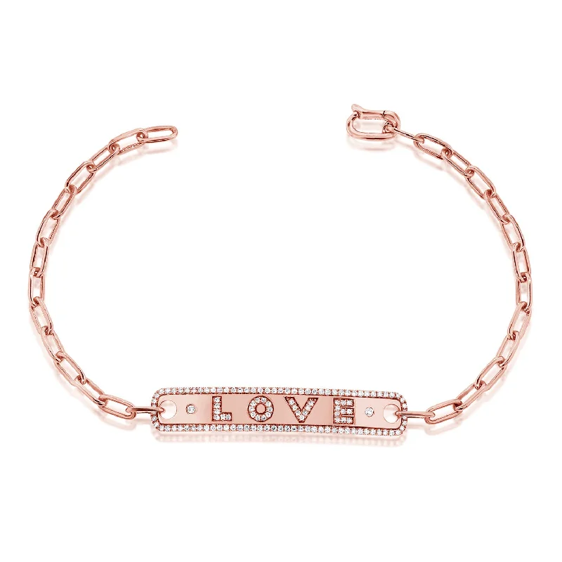 Simple cuff bracelets for everyday style -14K Rose Gold Diamond "Love" Bar Bracelet