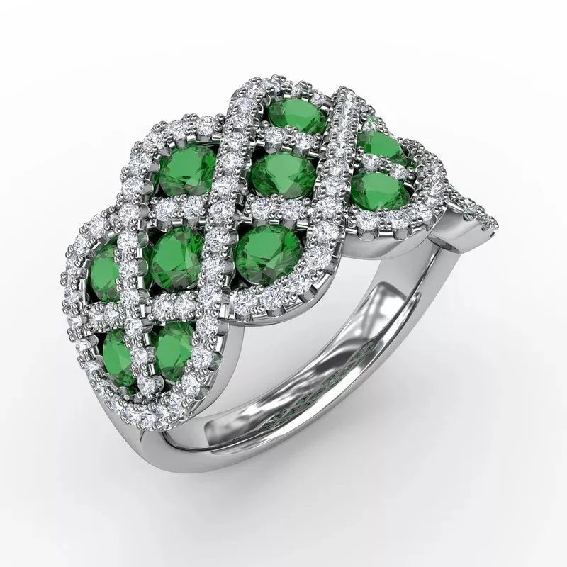 Handmade gemstone rings for collectors -You and Me Emerald and Diamond Interweaving Ring 1370