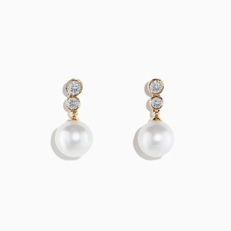 Diamond chandelier earrings-Pearl 14K Yellow Gold Fresh Water Pearl and Diamond Drop Earrings