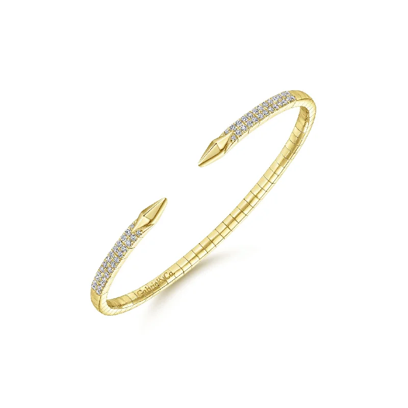 Custom birthstone bracelets for family gifts -14K Yellow Gold Diamond Arrow-Shaped Open Cuff Bangle Bracelet