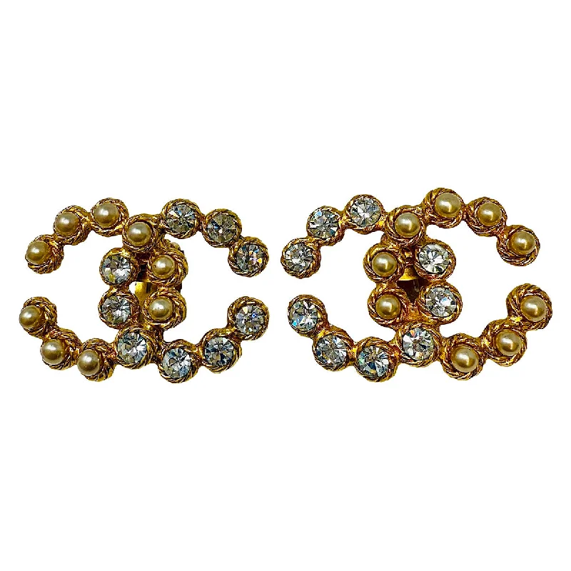 Red earrings-Chanel 2008 Gold-tone Interlocking CC Clip-on Earrings with Crystal & Faux Pearl