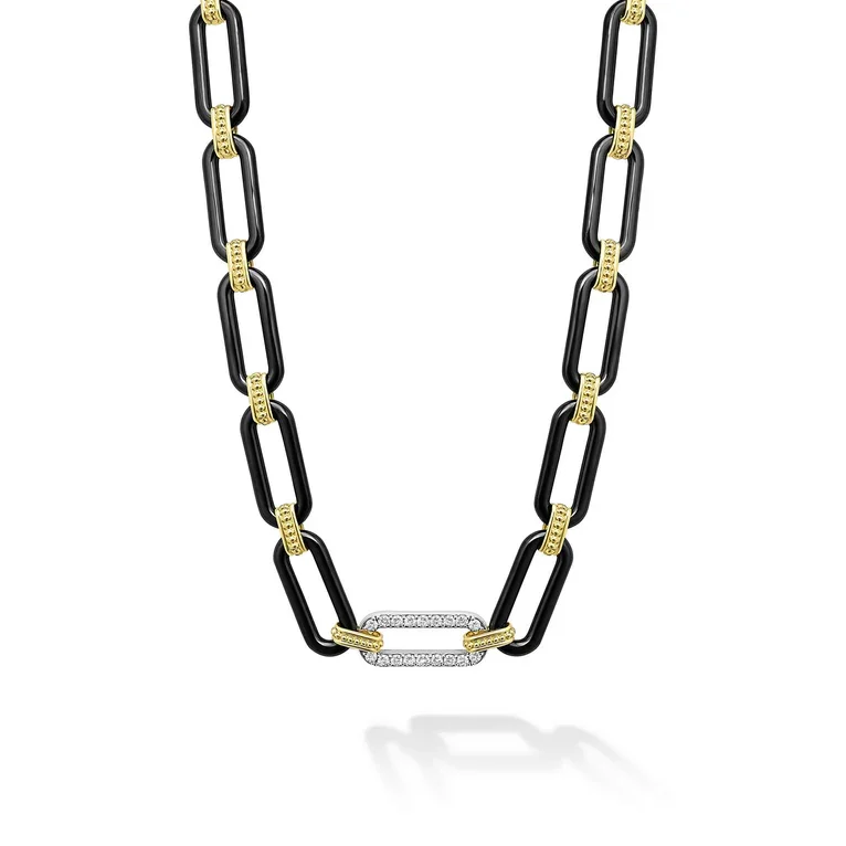 Multi-layered necklaces for trendy style -Caviar Black Ceramic and Diamond 20mm Oval Link 18" Necklace in 18k Yellow and White Gold  With Toggle Clasp