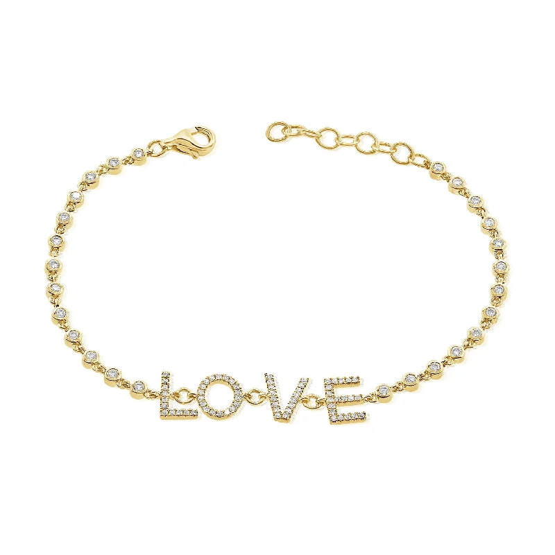 Custom couple bracelets with matching designs -14K Yellow Gold Diamond LOVE Bezel Bracelet