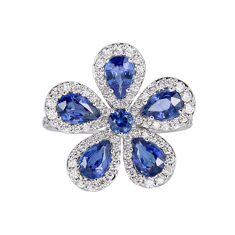 Large cocktail rings for evening style -Classic Flower Ring with Blue Sapphires and Diamonds