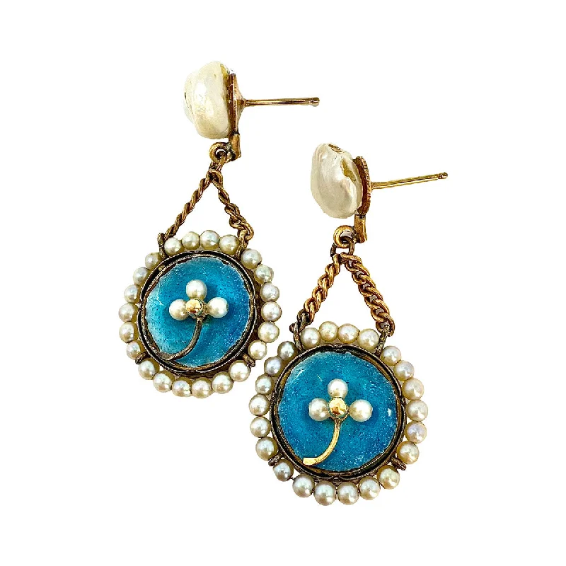 Crystal chandelier earrings-14K Gold Blue Enamel Drop Earrings with Pearls