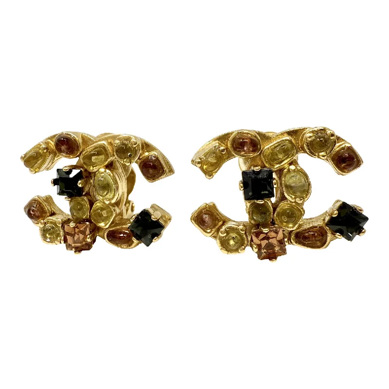 Black gold earrings-Chanel 2001 Vintage Interlocking CC Clip-on Earrings with Multi-colored Crystals