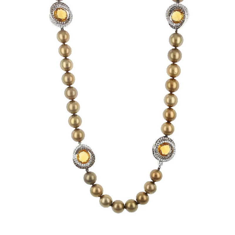 Trendy pendant necklaces for teens -Yvel 18K Gold Diamond, Citrine and Brown Pearl Necklace