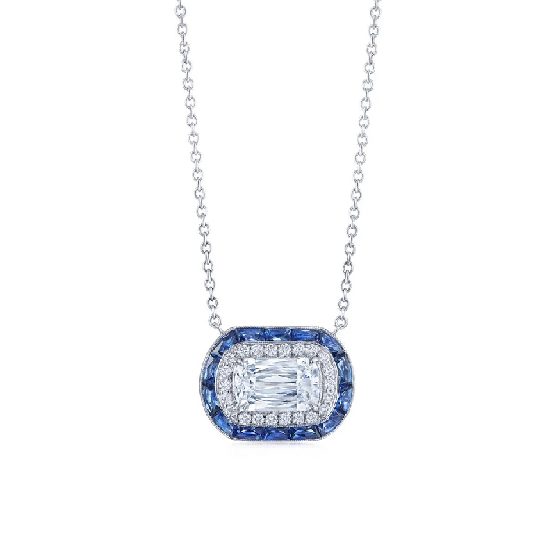 Statement necklaces for evening dresses -Ashoka Diamond with Calibre Sapphire Halo Pendant Necklace