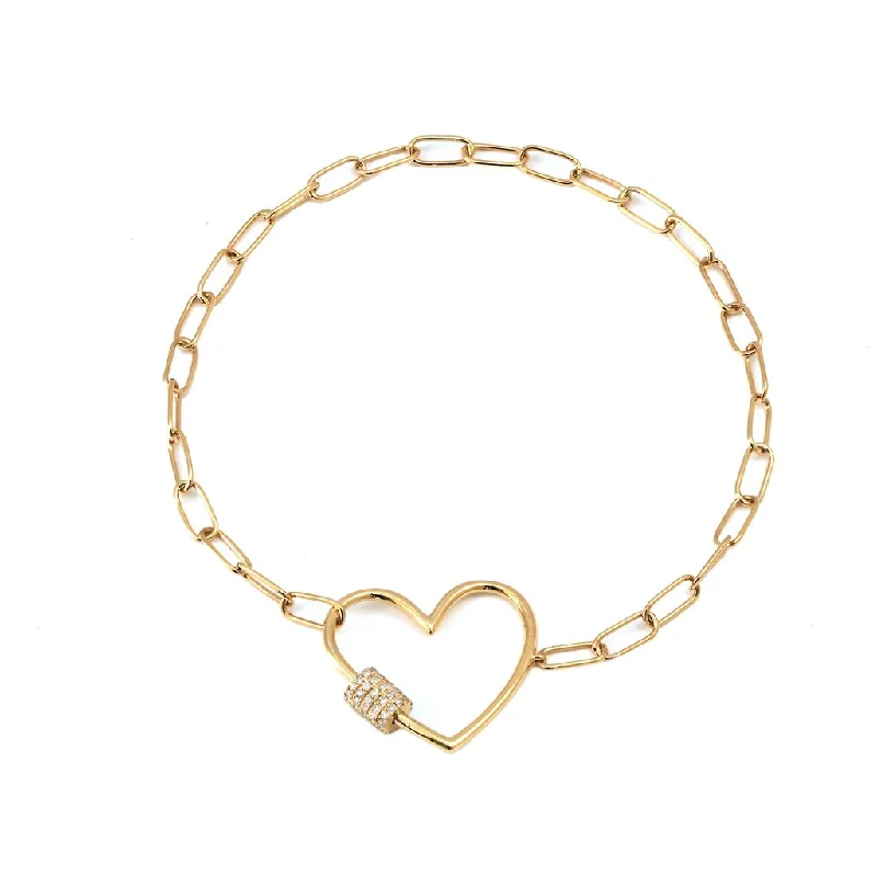 Classic diamond bracelets for wedding gifts -14k Yellow Diamond Heart Charm Paperclip Bracelet