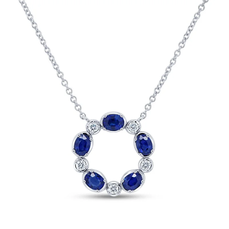 Hand-painted pendant necklaces for unique look -5 0.17ct Round Diamonds and 5 1.12ct Oval Blue Sapphires 1-1 Alternating 16-18" Necklace 18K White Gold