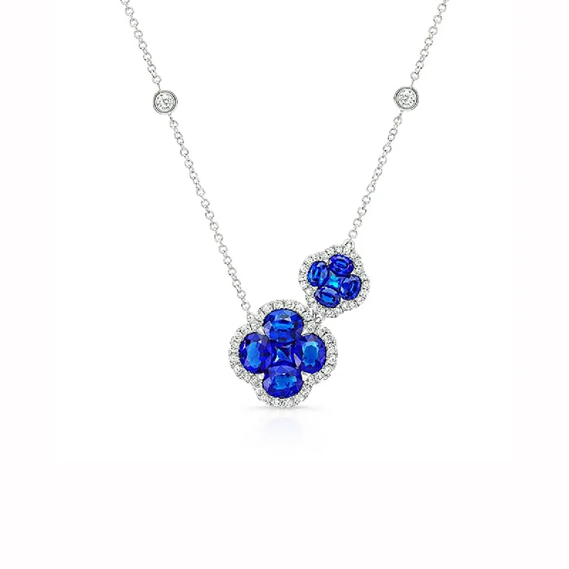 Personalized gemstone necklaces for friends -2.02Ct Sapphire and 0.29Ct Diamond Two Piece Halo Necklace in 18K White Gold, 16inch