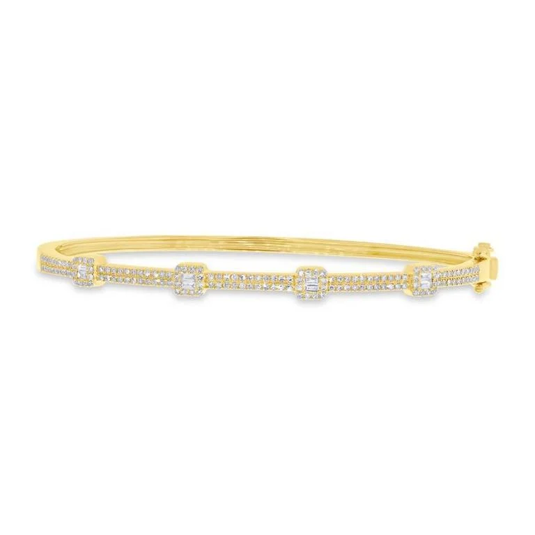 Custom bracelets with engraved messages -14K Yellow Gold Round and Baguette Diamond Bangle