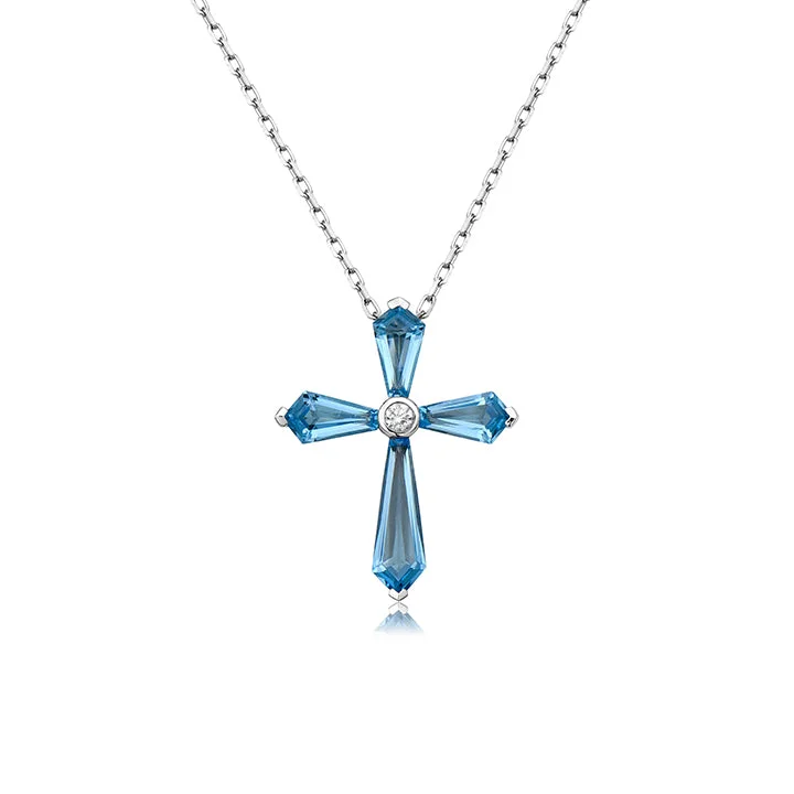 Necklace sets for weddings -18k White Gold Blue Topaz Cross Pendant Necklace