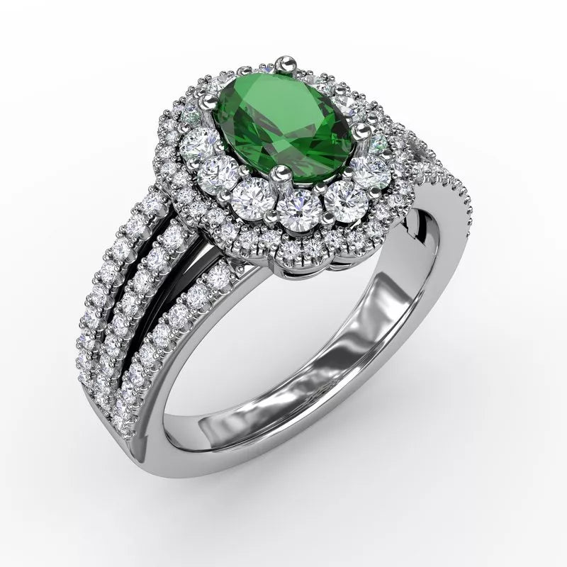 Stackable rings for women’s fashion -FANA Emerald and Diamond Triple Row Split Shank Ring R1534E