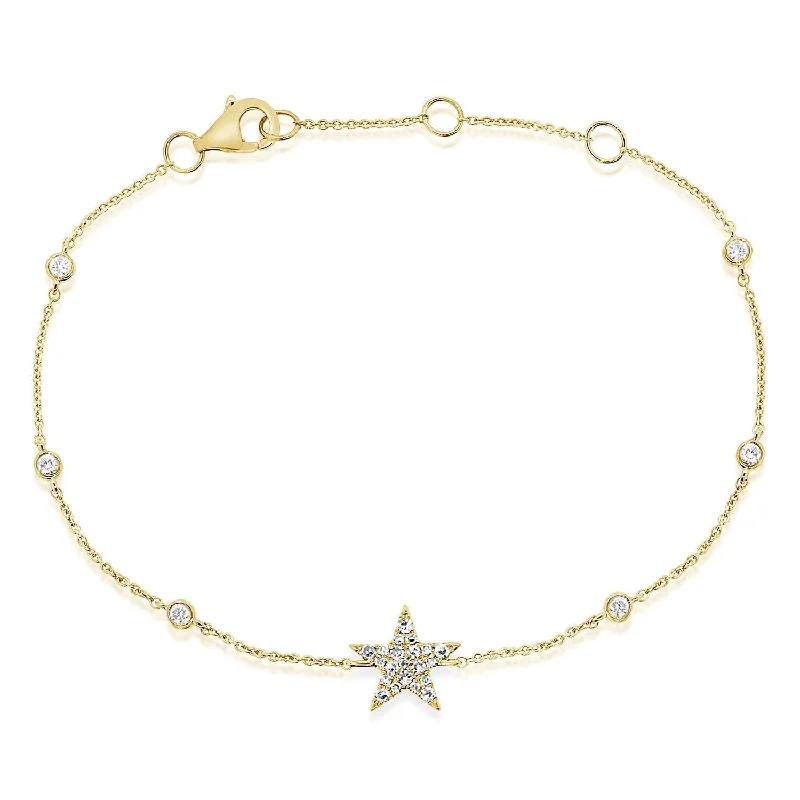 Adjustable leather bracelets for comfort -14K Yellow Gold Diamond Star Bezel Station Bracelet