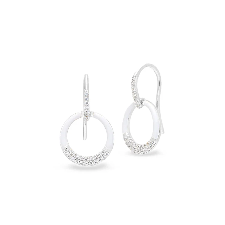 Wedding hoop earrings-Platinum Finish Sterling Silver Micropave White Enamel Open Circle Drop Earrings with Simulated Diamonds