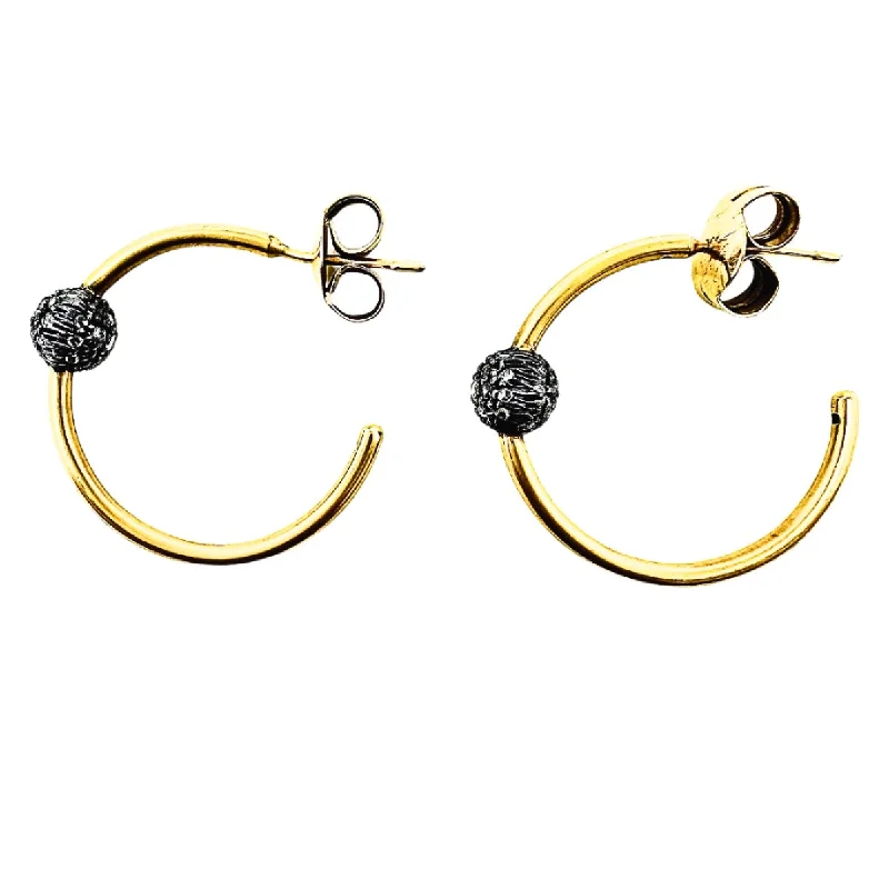 Unique chandelier earrings-Silver and 18K Gold Hoop Earrings with Pave Diamond Ball